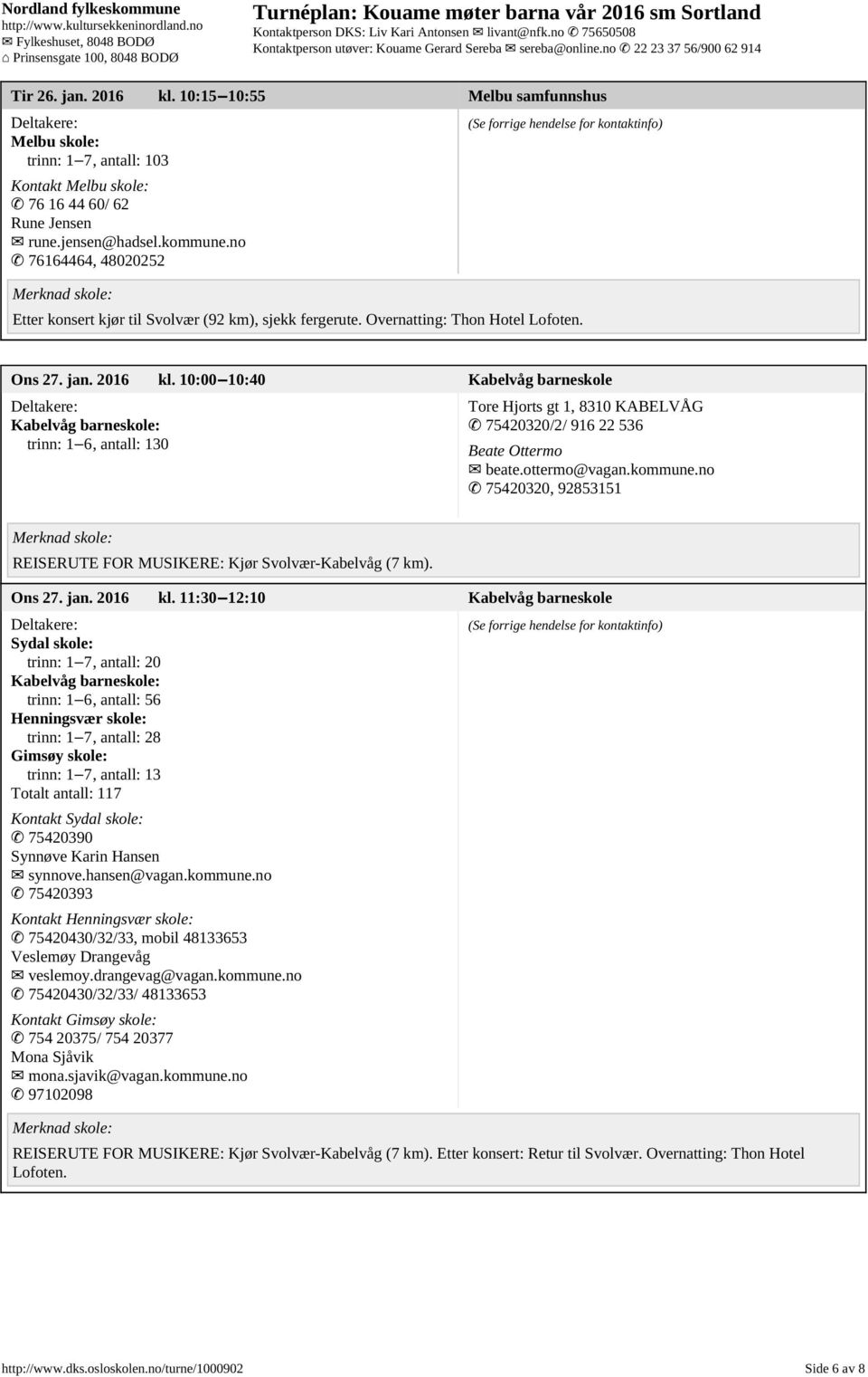 10:00 10:40 Kabelvåg barneskole Kabelvåg barneskole: trinn: 1 6, antall: 130 Tore Hjorts gt 1, 8310 KABELVÅG 75420320/2/ 916 22 536 Beate Ottermo beate.ottermo@vagan.kommune.