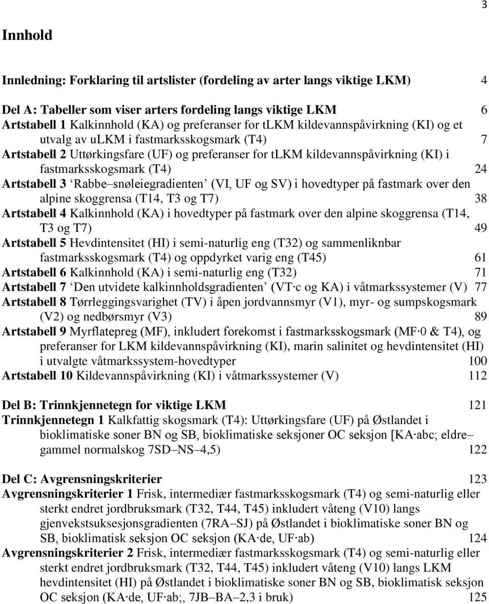 Artstabell 3 Rabbe snøleiegradienten (VI, UF og SV) i hovedtyper på fastmark over den alpine skoggrensa (T14, T3 og T7) 38 Artstabell 4 Kalkinnhold (KA) i hovedtyper på fastmark over den alpine