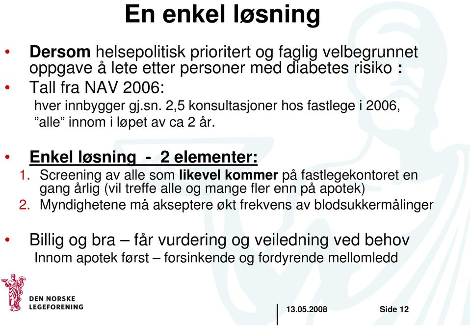 Screening av alle som likevel kommer på fastlegekontoret en gang årlig (vil treffe alle og mange fler enn på apotek) 2.