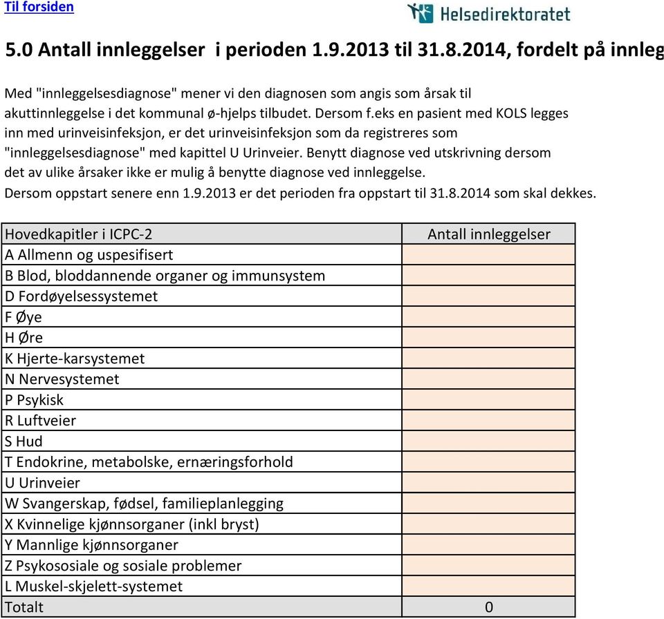 eks en pasient med KOLS legges inn med urinveisinfeksjon, er det urinveisinfeksjon som da registreres som "innleggelsesdiagnose" med kapittel U Urinveier.