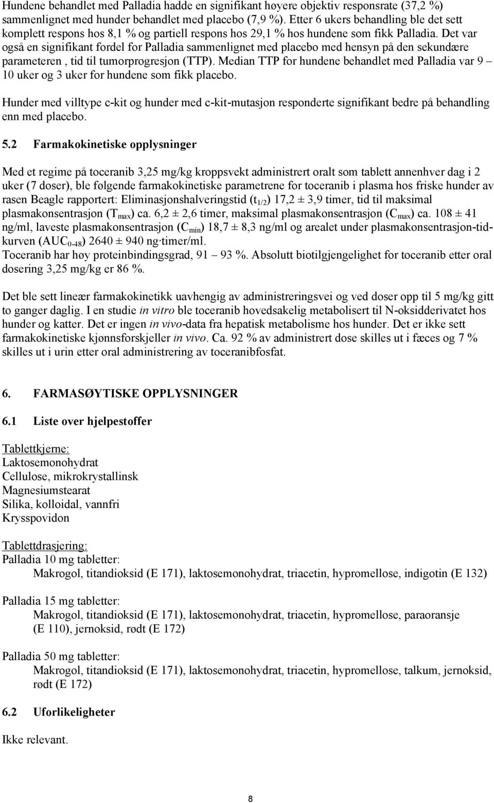 Det var også en signifikant fordel for Palladia sammenlignet med placebo med hensyn på den sekundære parameteren, tid til tumorprogresjon (TTP).