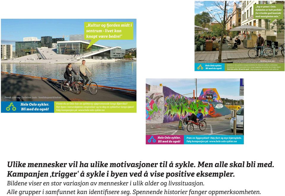 Følg kampanjen på www.hele oslo sykler.no Sarah 32år og Christian 34år, landskapsarkitekter Visste du at Oslo har en spli erny sjøpromenade langs Bjørvika?
