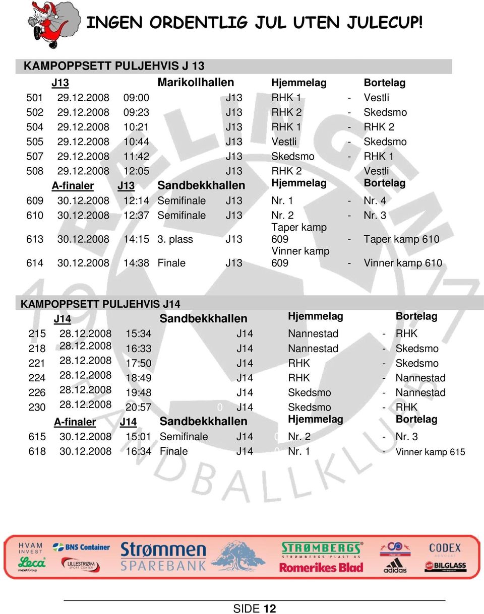2 - Nr. 3 613 30.12.2008 14:15 3. plass J13 Taper kamp 609 - Taper kamp 610 614 30.12.2008 14:38 Finale J13 Vinner kamp 609 - Vinner kamp 610 KAMPOPPSETT PULJEHVIS J14 J14 Sandbekkhallen Hjemmelag Bortelag 215 28.