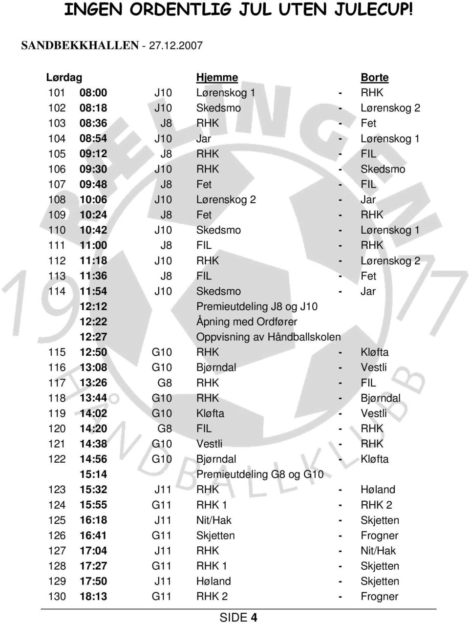 107 09:48 J8 Fet - FIL 108 10:06 J10 Lørenskog 2 - Jar 109 10:24 J8 Fet - RHK 110 10:42 J10 Skedsmo - Lørenskog 1 111 11:00 J8 FIL - RHK 112 11:18 J10 RHK - Lørenskog 2 113 11:36 J8 FIL - Fet 114