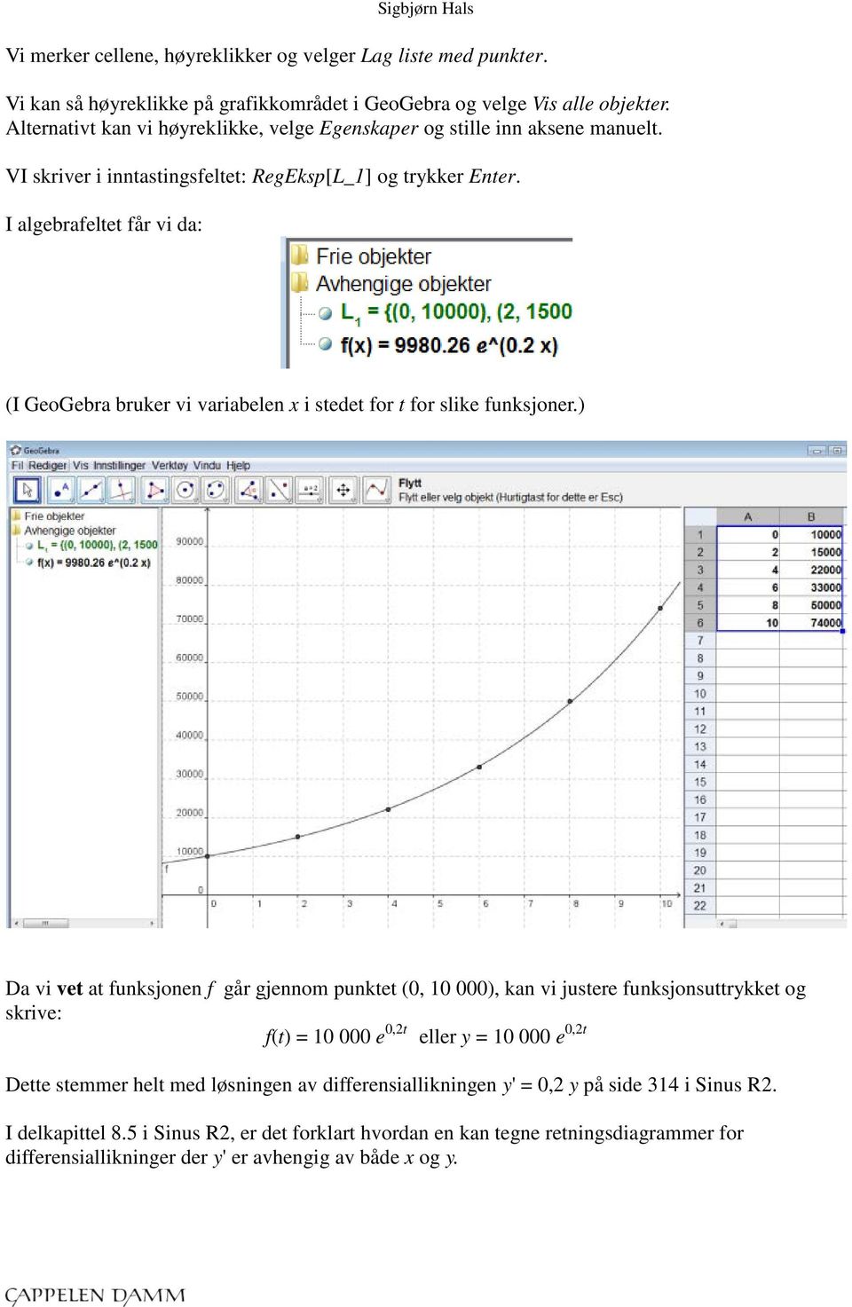 I algebrafeltet får vi da: (I GeoGebra bruker vi variabelen x i stedet for t for slike funksjoner.