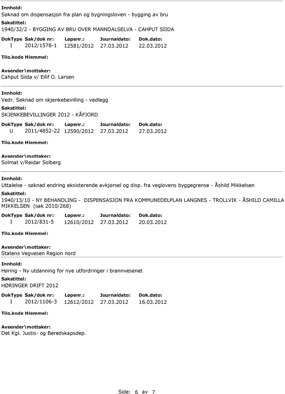 Søknad om skjenkebevilling - vedlegg SKJENKEBEVLLNGER 2012 - KÅFJORD 2011/4852-22 12590/2012 Solmat v/reidar Solberg nnhold: ttalelse - søknad endring eksisterende avkjørsel og disp.