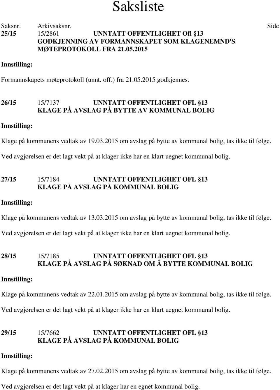 2015 om avslag på bytte av kommunal bolig, tas ikke til følge. Ved avgjørelsen er det lagt vekt på at klager ikke har en klart uegnet kommunal bolig.