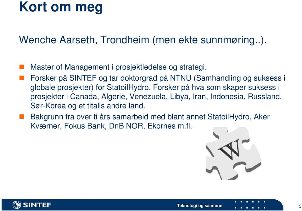 Forsker på hva som skaper suksess i prosjekter i Canada, Algerie, Venezuela, Libya, Iran, Indonesia, Russland, Sør-Korea