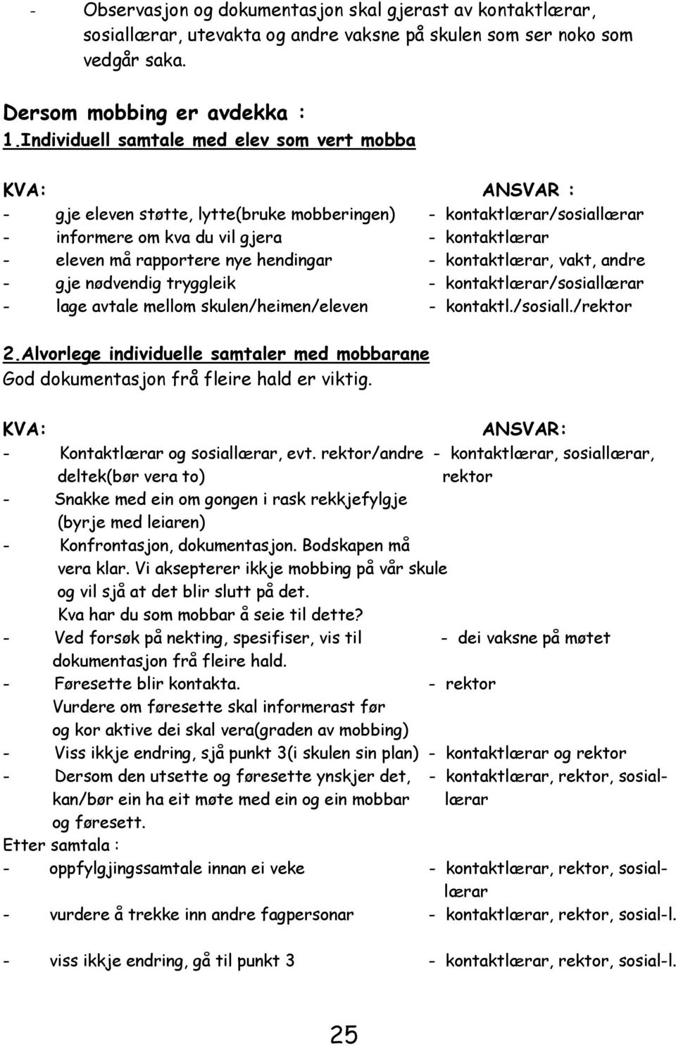 rapportere nye hendingar - kontaktlærar, vakt, andre - gje nødvendig tryggleik - kontaktlærar/sosiallærar - lage avtale mellom skulen/heimen/eleven - kontaktl./sosiall./rektor 2.