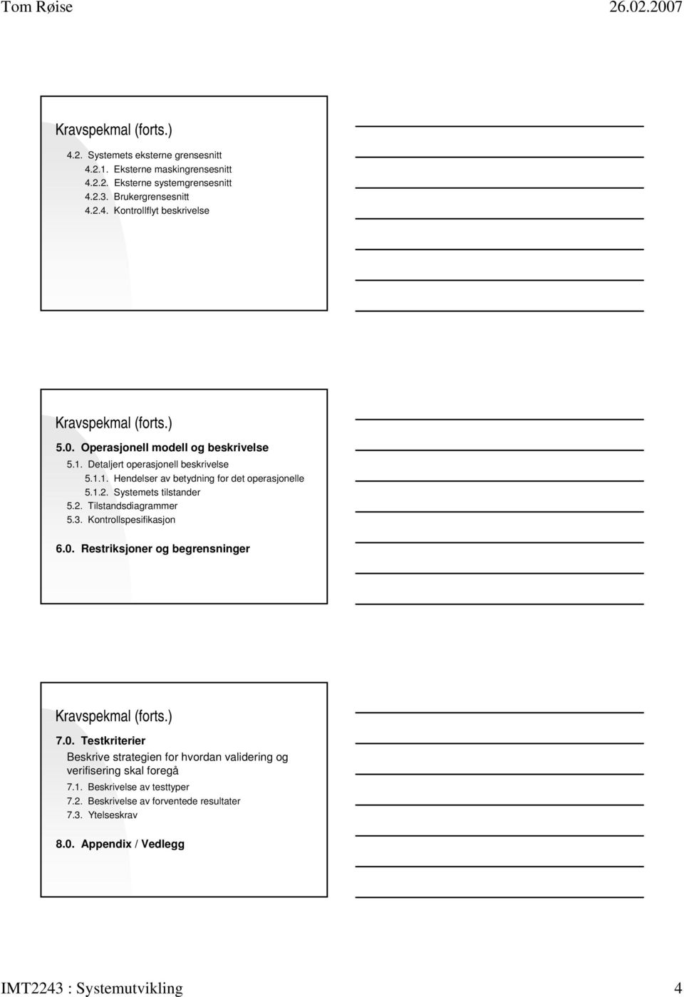 2. Tilstandsdiagrammer 5.3. Kontrollspesifikasjon 6.0. Restriksjoner og begrensninger 7.0. Testkriterier Beskrive strategien for hvordan validering og verifisering skal foregå 7.