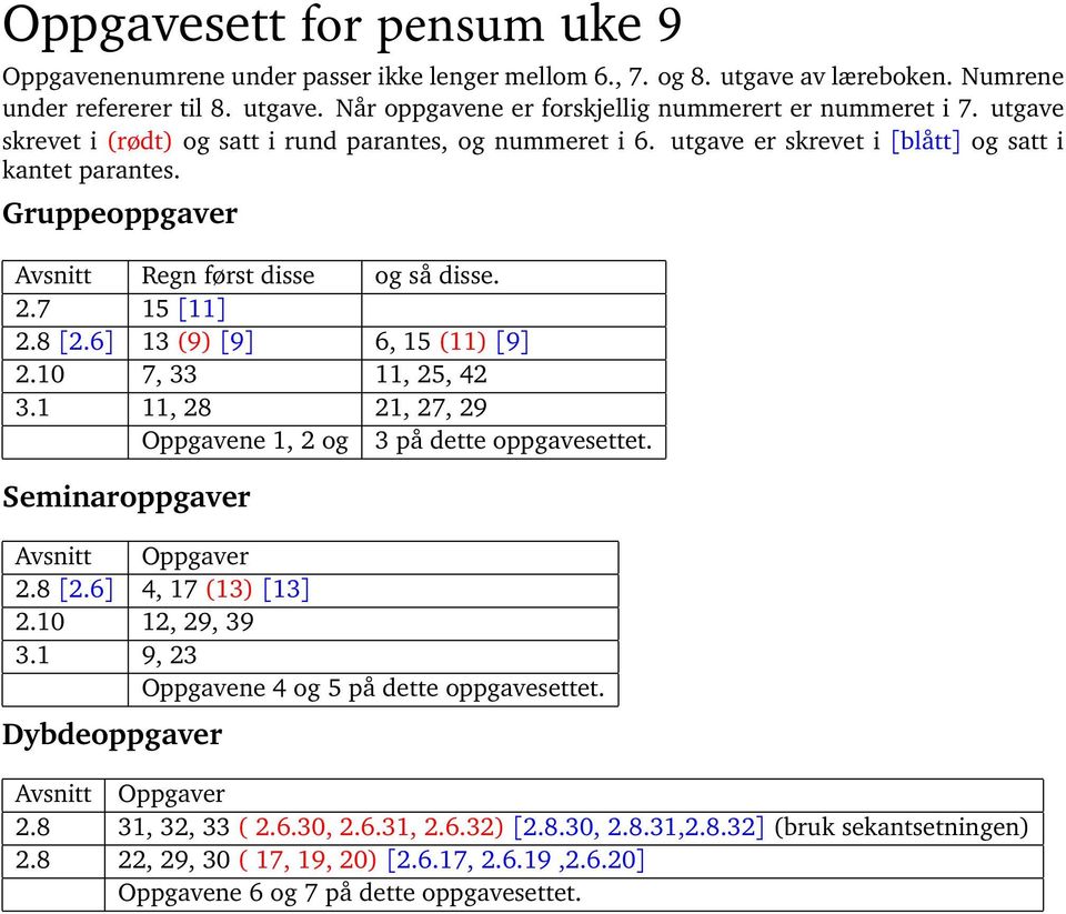 6] 13 (9) [9] 6, 15 (11) [9] 2.10 7, 33 11, 25, 42 3.1 11, 28 21, 27, 29 Oppgavene 1, 2 og 3 på dette oppgavesettet. Seminaroppgaver 2.8 [2.6] 4, 17 (13) [13] 2.10 12, 29, 39 3.