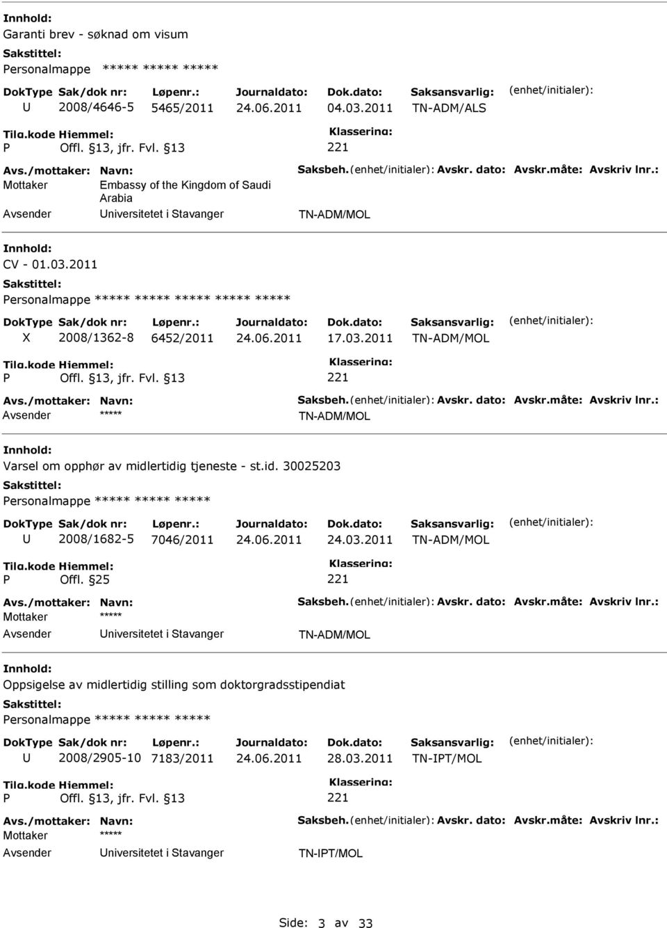 2011 ersonalmappe ***** ***** ***** ***** ***** X 2008/1362-8 64/2011 17.03.2011 Varsel om opphør av midl