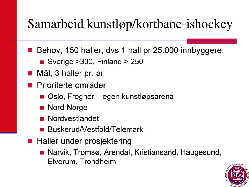 år Prioriterte områder Oslo, Frogner egen kunstløpsarena Nord-Norge Nordvestlandet