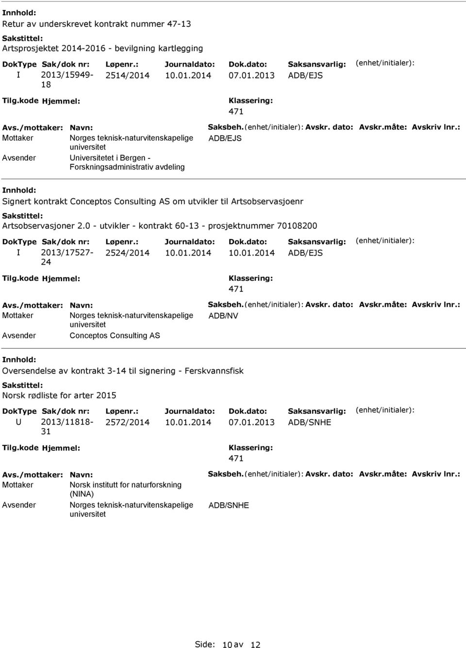 : Norges teknisk-naturvitenskapelige niversitetet i Bergen - Forskningsadministrativ avdeling nnhold: Signert kontrakt Conceptos Consulting AS om utvikler til Artsobservasjoenr Artsobservasjoner 2.