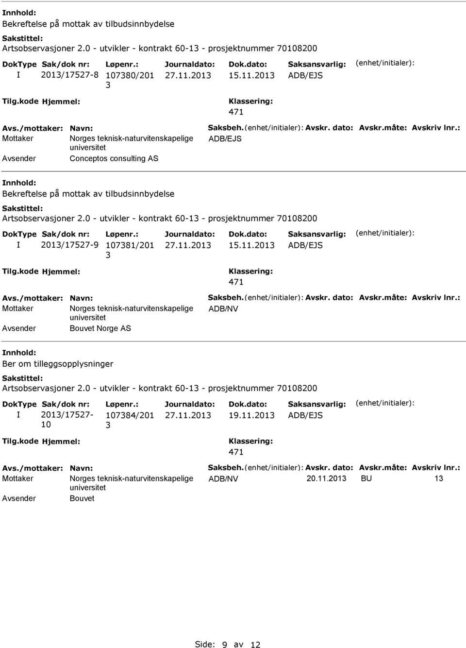 201 15.11.201 Conceptos consulting AS 0 - utvikler - kontrakt 60-1 - prosjektnummer 70108200 201/17527-9 10781/201 27.11.201 15.11.201 Bouvet Norge AS Ber om tilleggsopplysninger Artsobservasjoner 2.