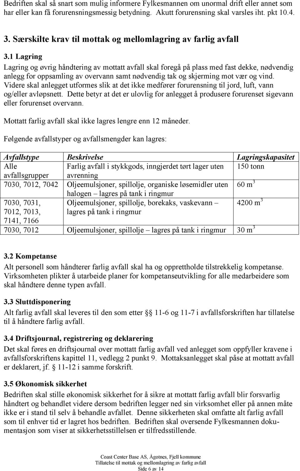 1 Lagring Lagring og øvrig håndtering av mottatt avfall skal foregå på plass med fast dekke, nødvendig anlegg for oppsamling av overvann samt nødvendig tak og skjerming mot vær og vind.