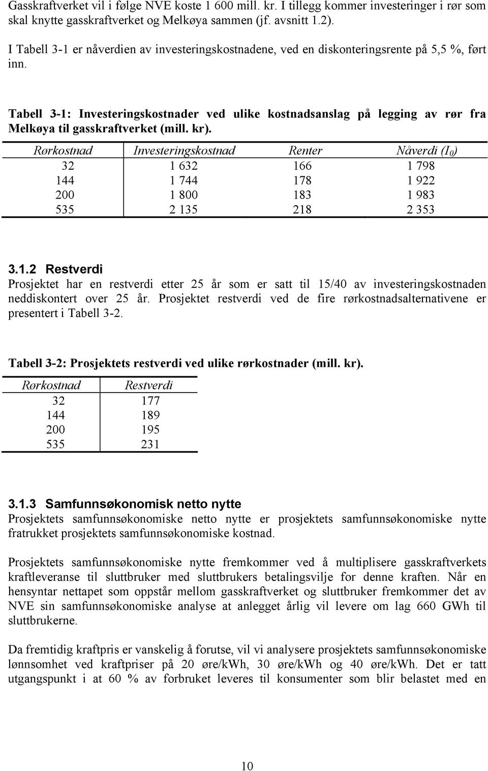 Tabell 3-1: Investeringskostnader ved ulike kostnadsanslag på legging av rør fra Melkøya til gasskraftverket (mill. kr).