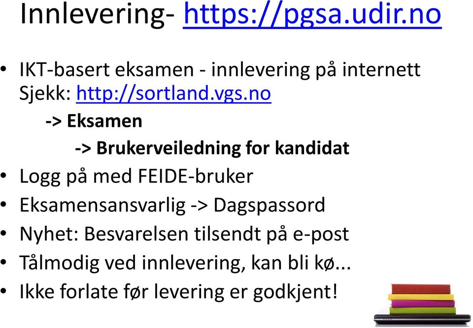 no -> Eksamen -> Brukerveiledning for kandidat Logg på med FEIDE-bruker