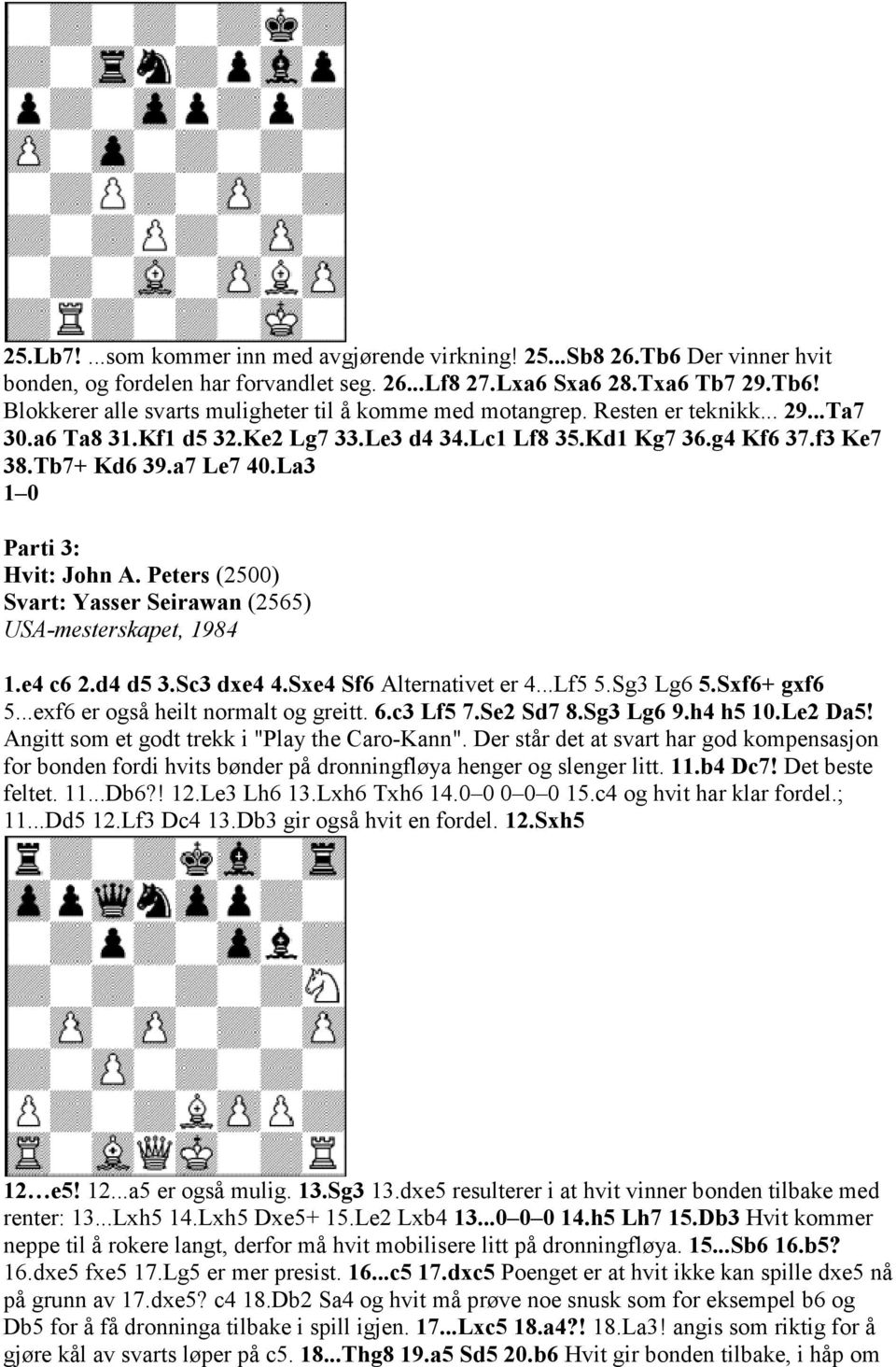 Peters (2500) Svart: Yasser Seirawan (2565) USA-mesterskapet, 1984 1.e4 c6 2.d4 d5 3.Sc3 dxe4 4.Sxe4 Sf6 Alternativet er 4...Lf5 5.Sg3 Lg6 5.Sxf6+ gxf6 5...exf6 er også heilt normalt og greitt. 6.