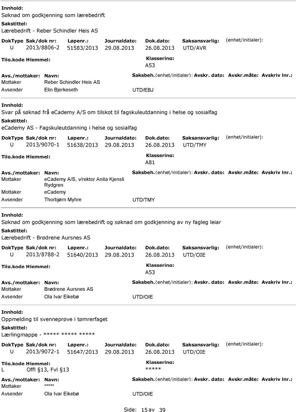 2013/9070-1 51638/2013 TD/TMY A81 Avs./mottaker: Navn: Saksbeh. Avskr. dato: Avskr.måte: Avskriv lnr.