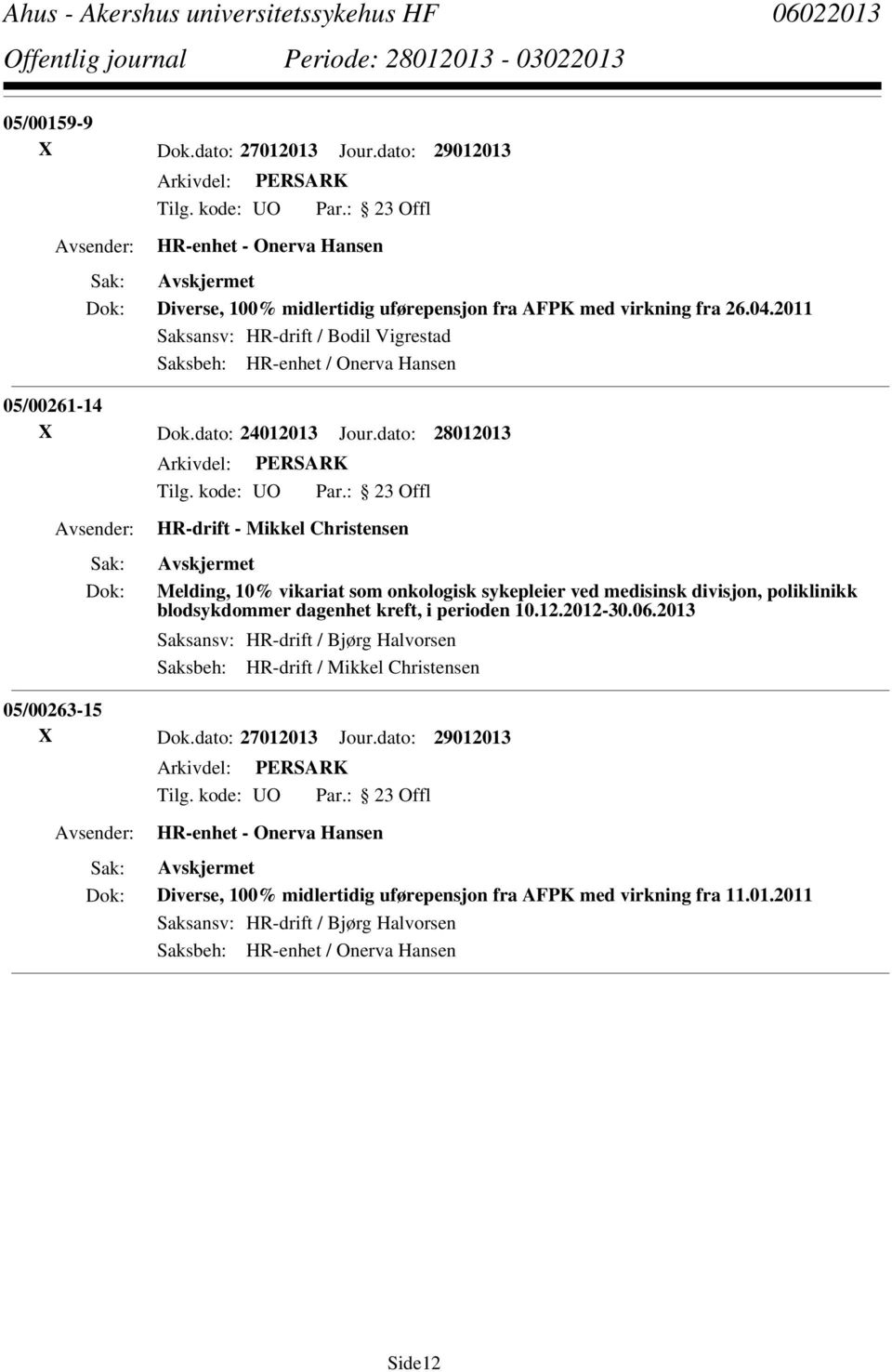 dato: 28012013 HR-drift - Mikkel Christensen Melding, 10% vikariat som onkologisk sykepleier ved medisinsk divisjon, poliklinikk blodsykdommer dagenhet kreft, i perioden 10.12.2012-30.06.