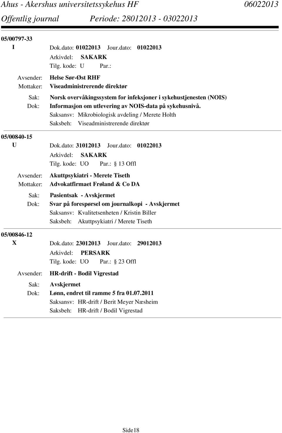 Saksansv: Mikrobiologisk avdeling / Merete Holth Saksbeh: Viseadministrerende direktør 05/00840-15 U Dok.dato: 31012013 Jour.