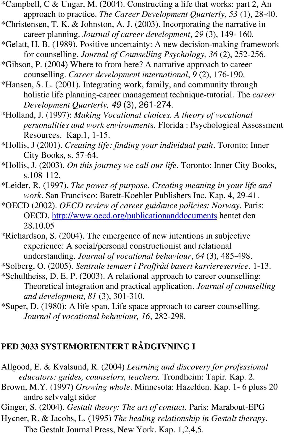 Journal of Counselling Psychology, 36 (2), 252-256. *Gibson, P. (2004) Where to from here? A narrative approach to career counselling. Career development international, 9 (2), 176-190. *Hansen, S. L.