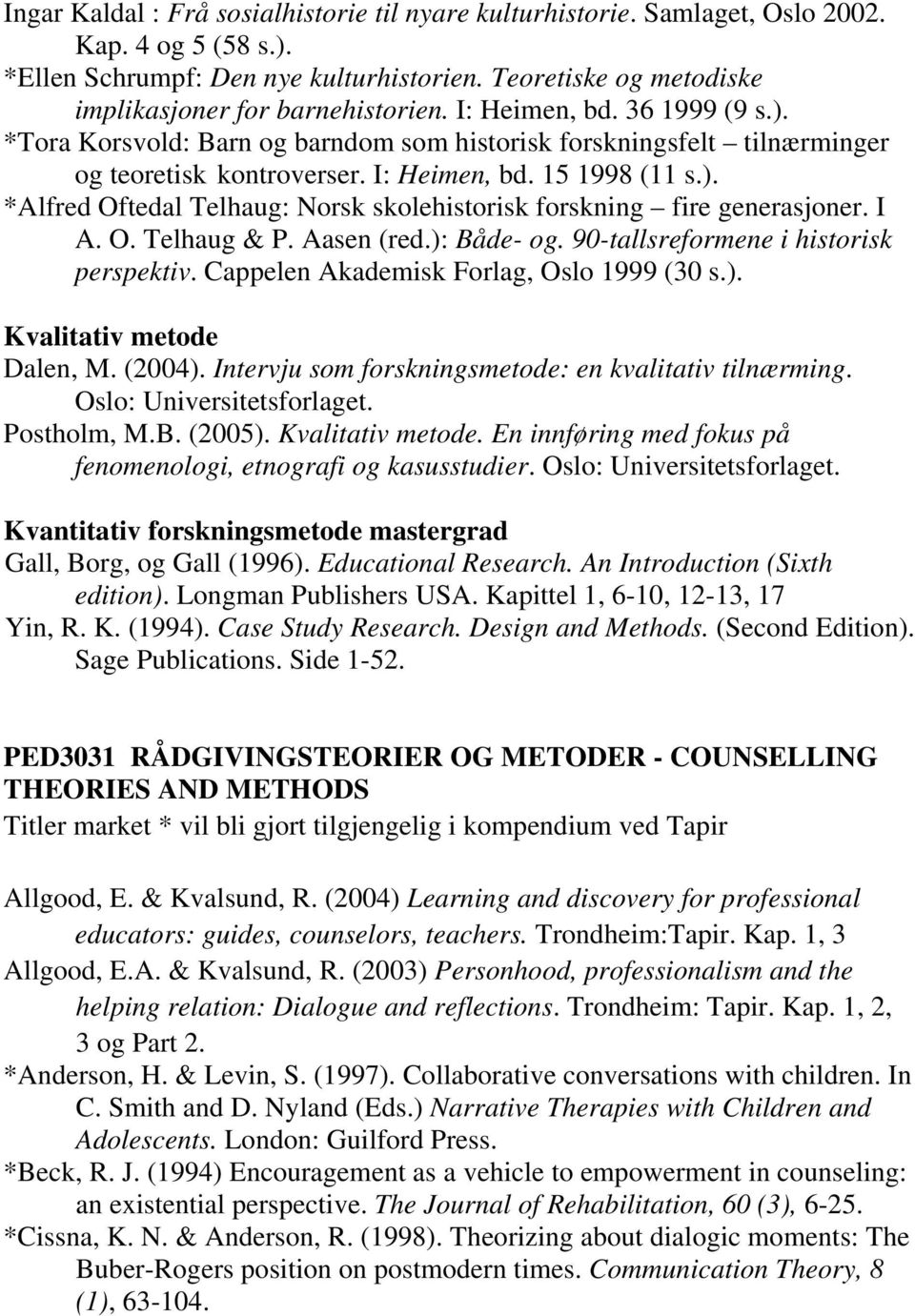 I: Heimen, bd. 15 1998 (11 s.). *Alfred Oftedal Telhaug: Norsk skolehistorisk forskning fire generasjoner. I A. O. Telhaug & P. Aasen (red.): Både- og. 90-tallsreformene i historisk perspektiv.