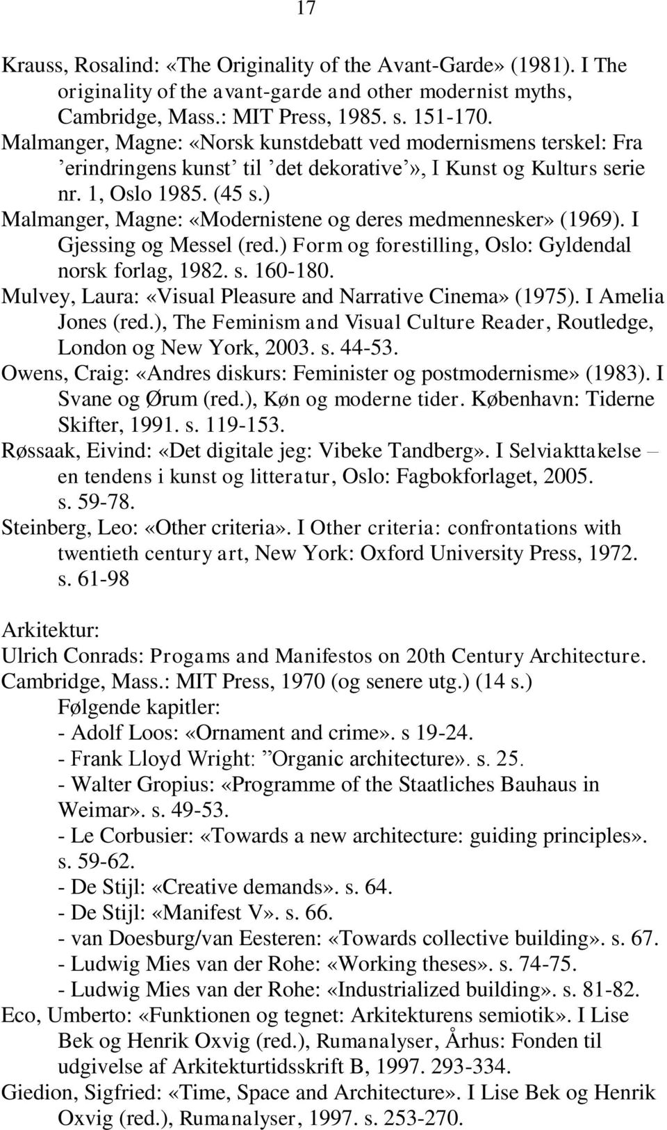 ) Malmanger, Magne: «Modernistene og deres medmennesker» (1969). I Gjessing og Messel (red.) Form og forestilling, Oslo: Gyldendal norsk forlag, 1982. s. 160-180.