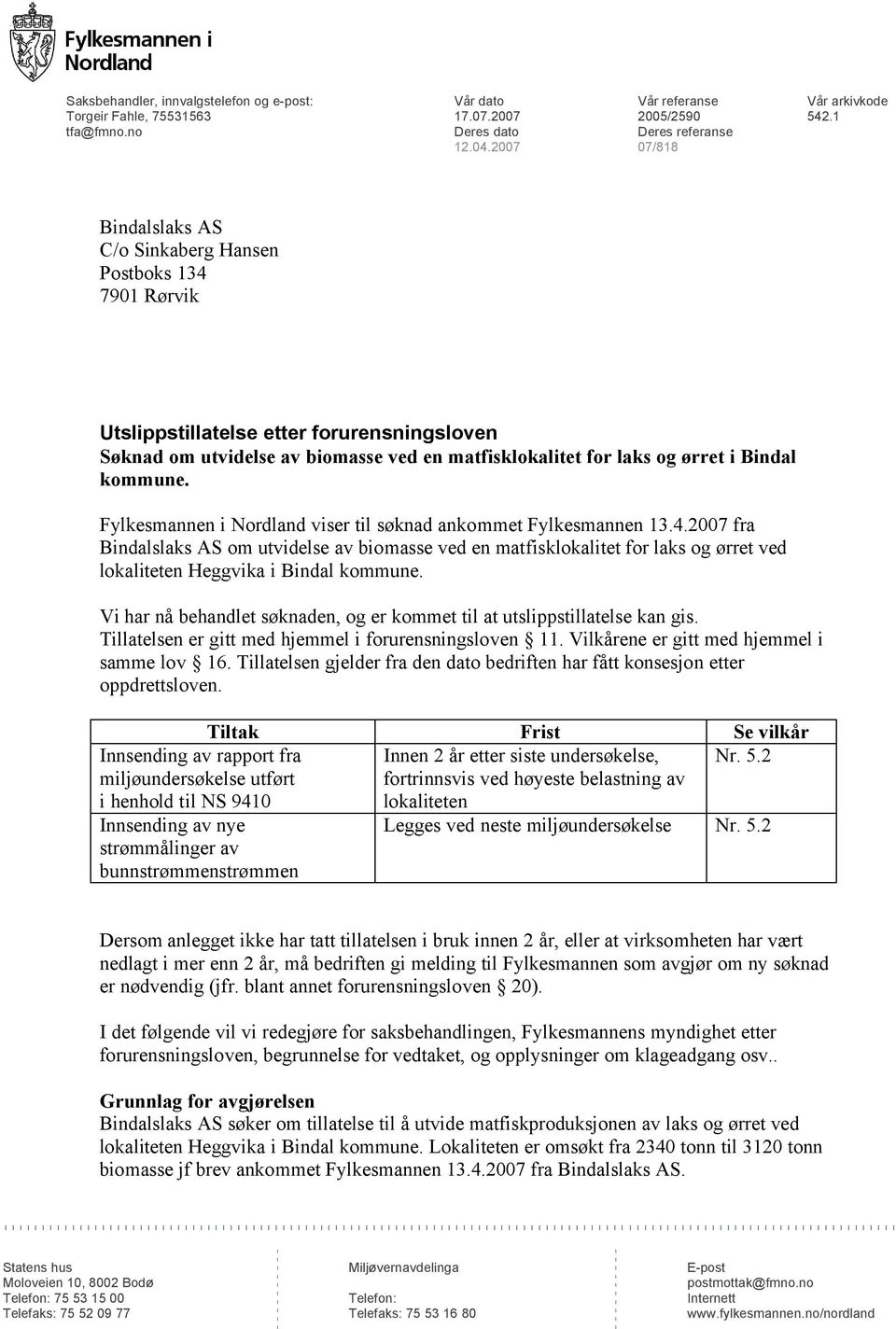 kommune. Fylkesmannen i Nordland viser til søknad ankommet Fylkesmannen 13.4.