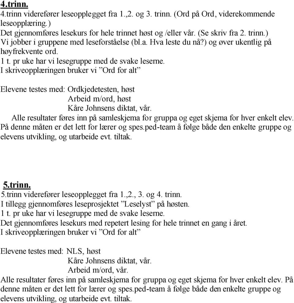 I skriveopplæringen bruker vi Ord for alt Elevene testes med: Ordkjedetesten, høst Arbeid m/ord, høst Kåre Johnsens diktat, vår.