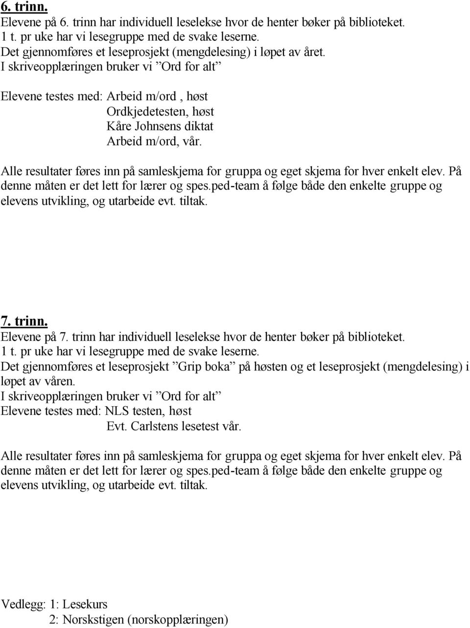 I skriveopplæringen bruker vi Ord for alt Elevene testes med: Arbeid m/ord, høst Ordkjedetesten, høst Kåre Johnsens diktat Arbeid m/ord, vår.