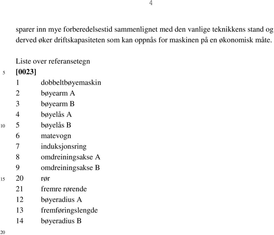 5 10 15 Liste over referansetegn [0023] 1 dobbeltbøyemaskin 2 bøyearm A 3 bøyearm B 4 bøyelås A 5