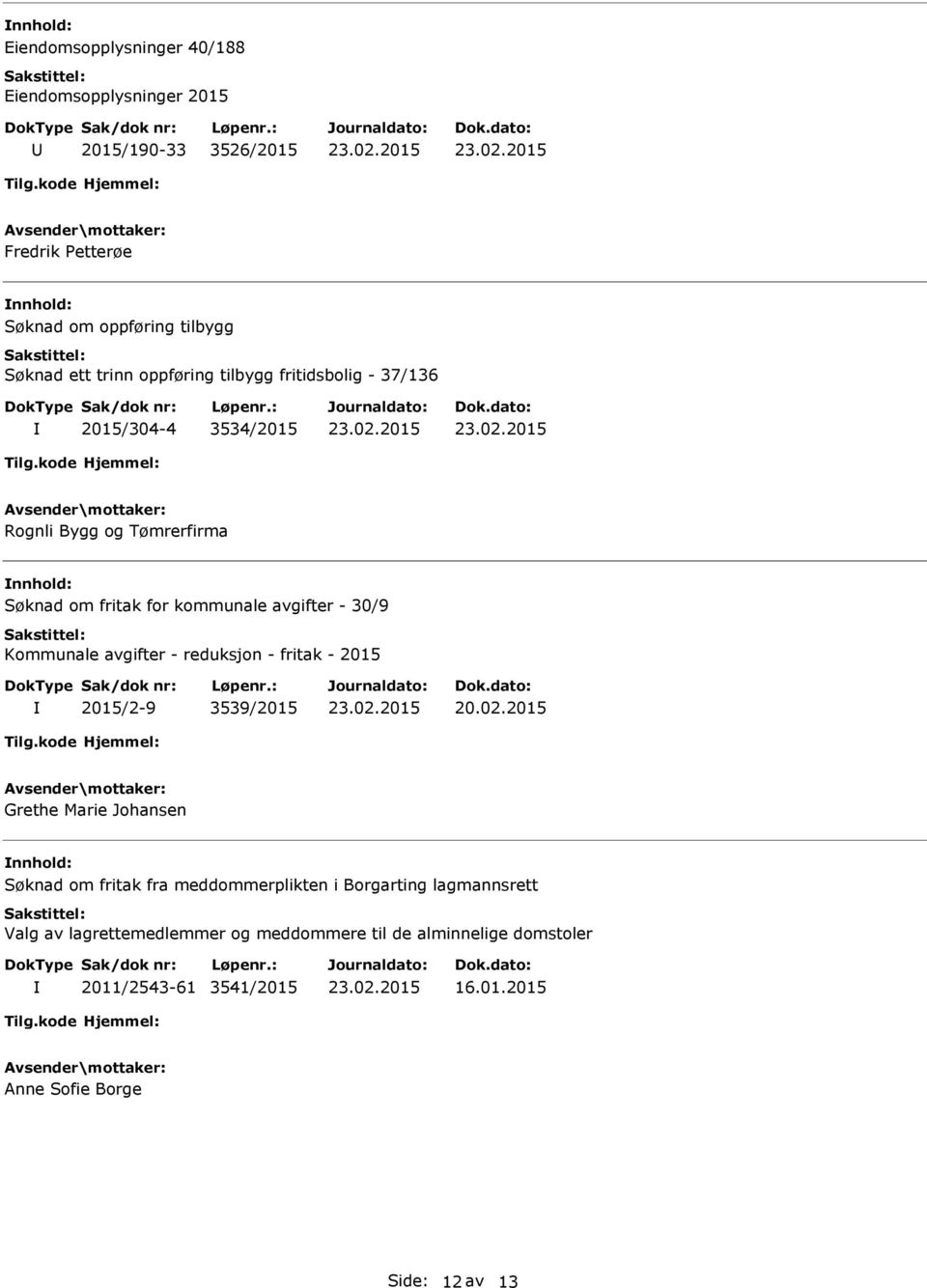 Kommunale avgifter - reduksjon - fritak - 2015 2015/2-9 3539/2015 Grethe Marie Johansen Søknad om fritak fra meddommerplikten i Borgarting