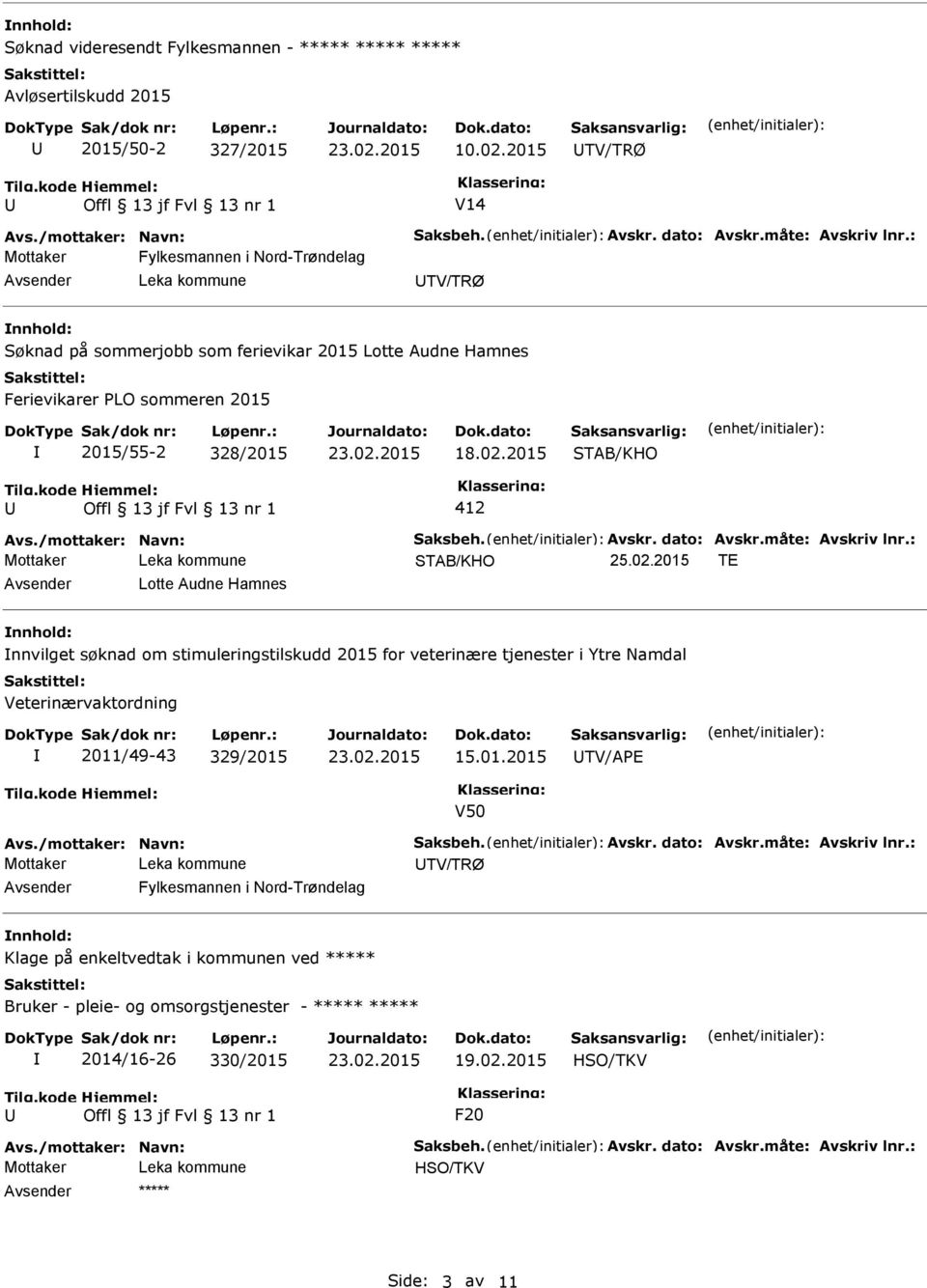 måte: Avskriv lnr.: TE Lotte Audne Hamnes nnhold: nnvilget søknad om stimuleringstilskudd 2015 for veterinære tjenester i Ytre Namdal Veterinærvaktordning 2011/49-43 329/2015 15.01.2015 TV/APE V50 Avs.