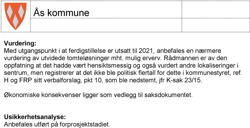 Rådmannen er av den oppfatning at det hadde vært hensiktsmessig og også vurdert andre lokaliseringer i sentrum, men registrerer at