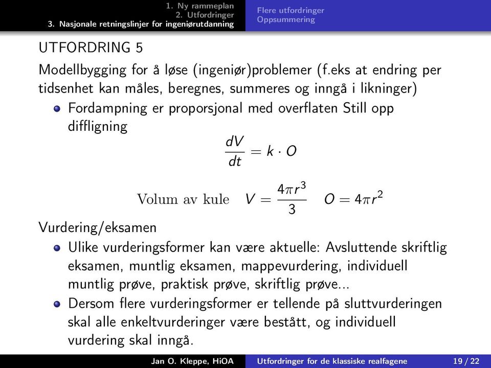 kule V = 4πr 3 O = 4πr 2 3 Vurdering/eksamen Ulike vurderingsformer kan være aktuelle: Avsluttende skriftlig eksamen, muntlig eksamen, mappevurdering, individuell muntlig