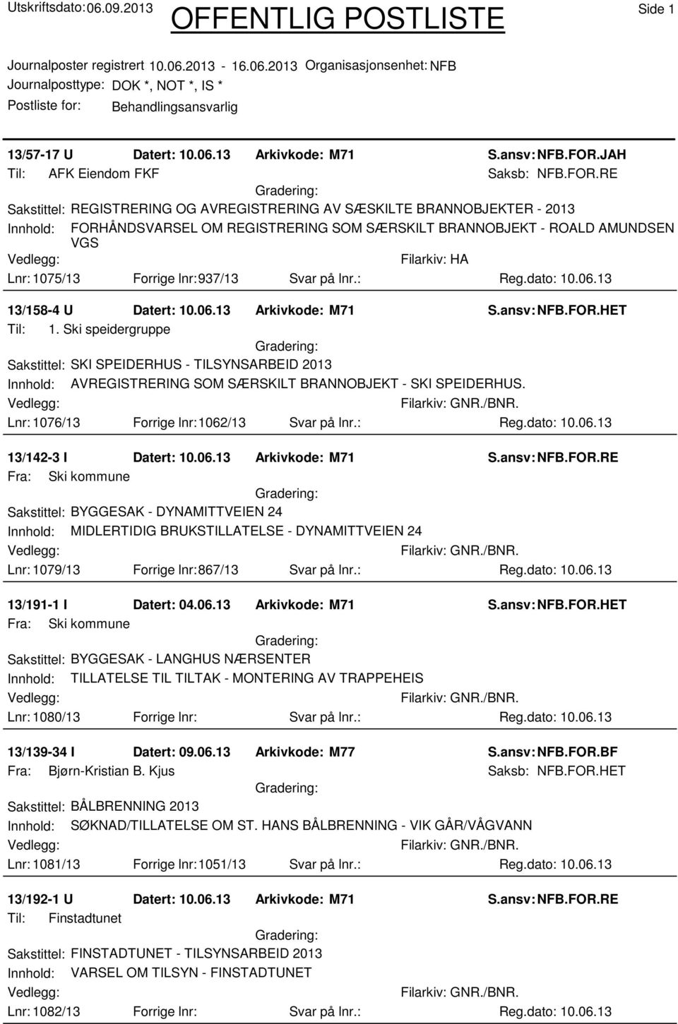 RE Sakstittel: REGISTRERING OG AVREGISTRERING AV SÆSKILTE BRANNOBJEKTER - 2013 Innhold: FORHÅNDSVARSEL OM REGISTRERING SOM SÆRSKILT BRANNOBJEKT - ROALD AMUNDSEN VGS Lnr: 1075/13 Forrige lnr:937/13