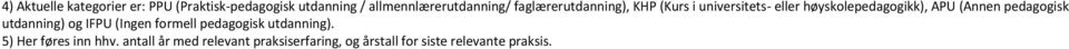 høyskolepedagogikk), APU (Annen pedagogisk utdanning) og IFPU (Ingen formell