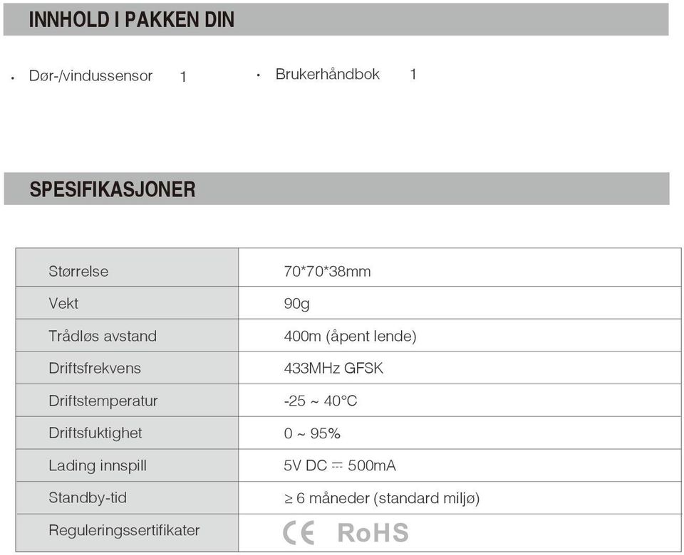 Driftsfuktighet 70*70*38mm 90g 400m (åpent lende) 433MHz GFSK -5 ~ 40 C 0 ~