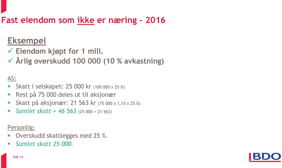 %) Rest på 75 000 deles ut til aksjonær Skatt på aksjonær: 21 563 kr (75 000 x 1,15 x 25