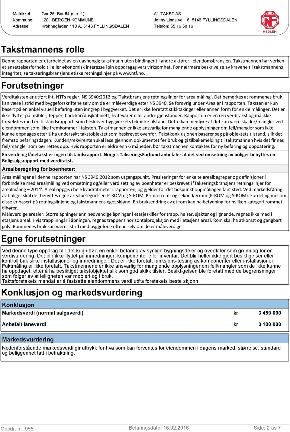 For nærmere beskrivelse av kravene til takstmannens integritet, se takseringsbransjens etiske retningslinjer på www.ntf.no. Forutsetninger Verditaksten er utført iht.