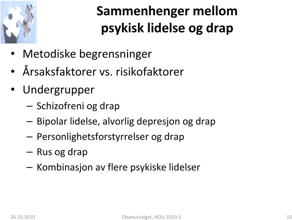 risikofaktorer Undergrupper Schizofreni og drap Bipolar lidelse, alvorlig