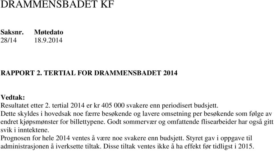 Dette skyldes i hovedsak noe færre besøkende og lavere omsetning per besøkende som følge av endret kjøpsmønster for billettypene.