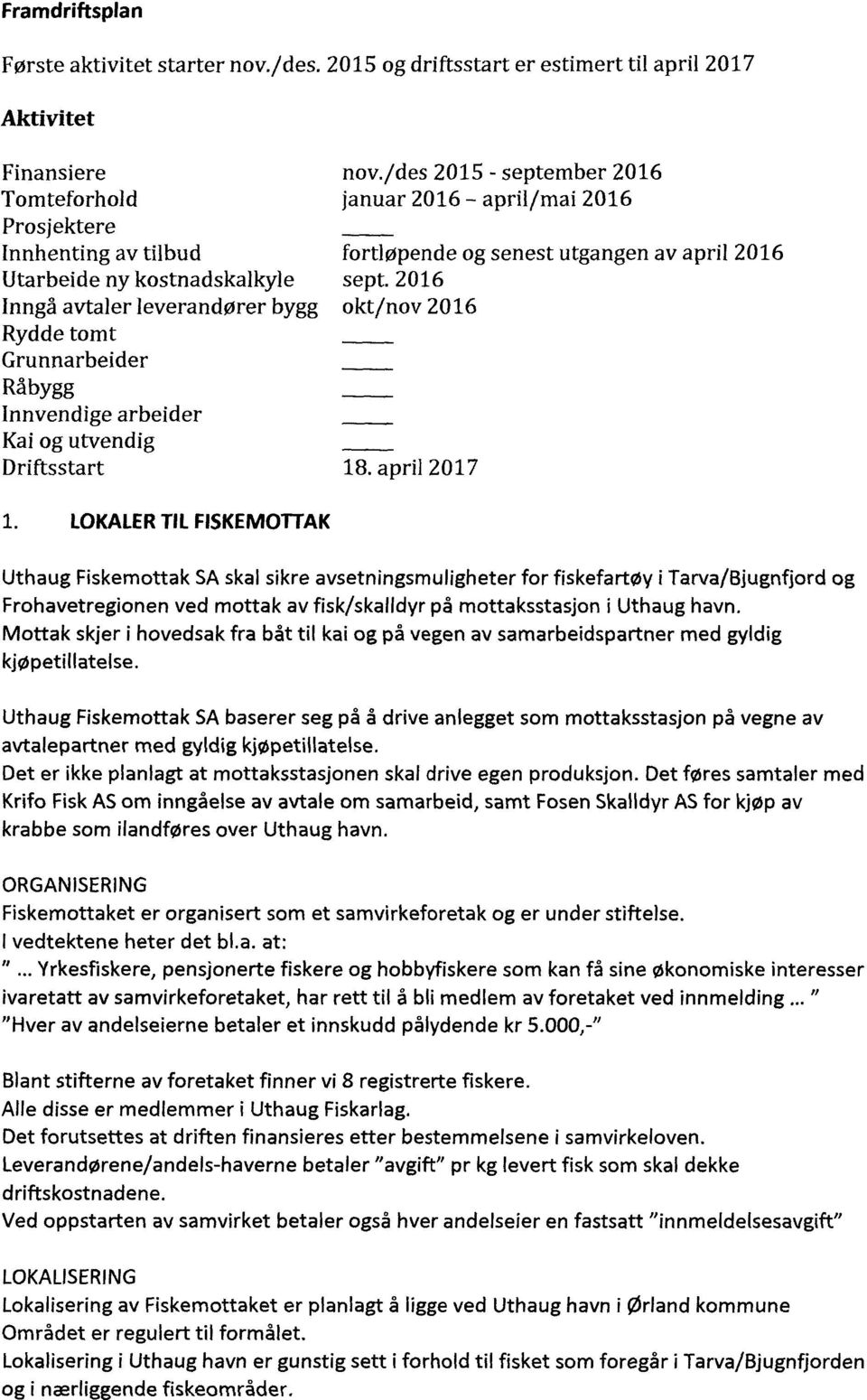 2016 Inngå avtaler leverandører bygg okt/nov 2016 Rydde tomt Grunnarbeider Råbygg Innvendige arbeider Kai og utvendig Driftsstart 18. april 2017 1.