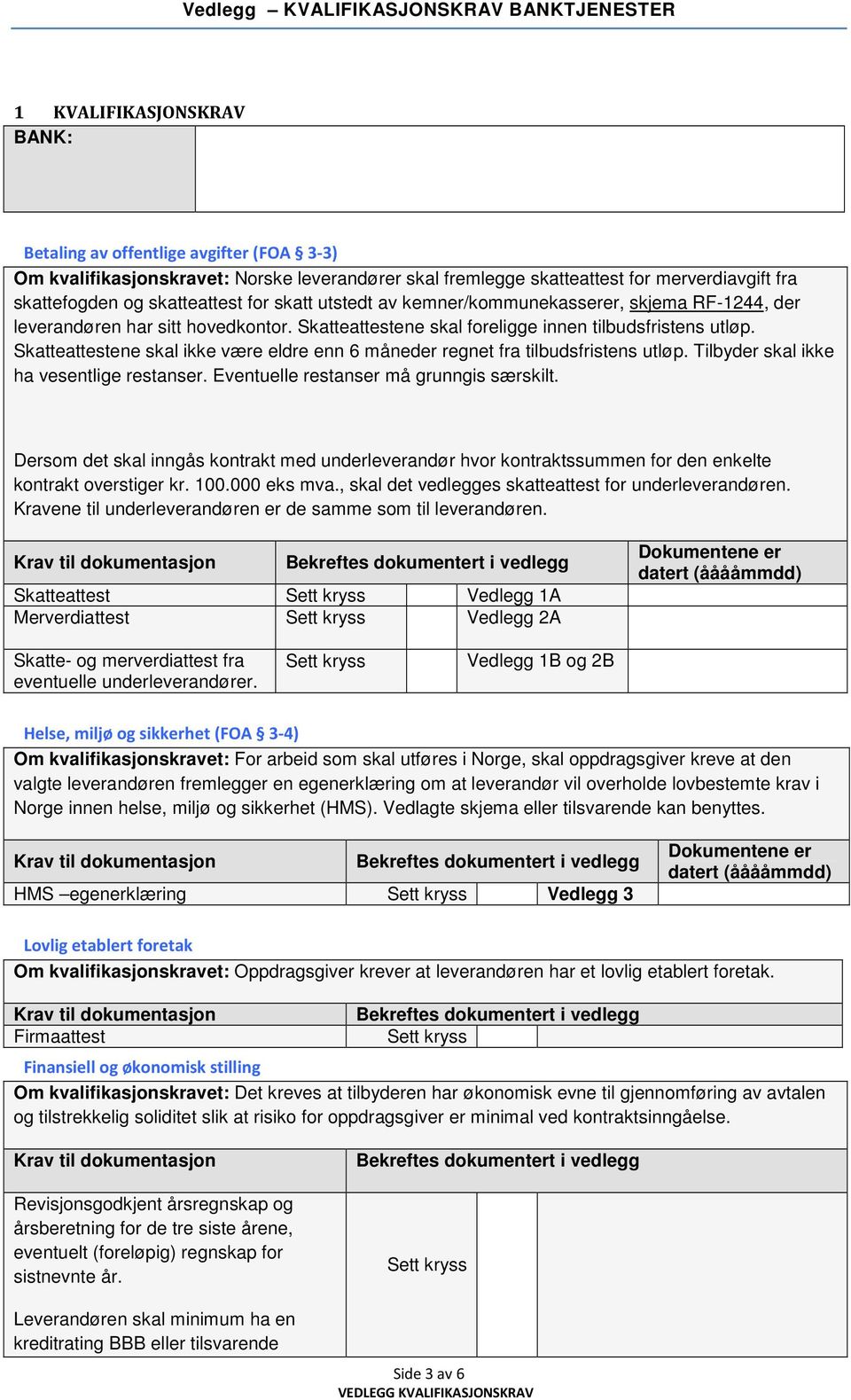 Skatteattestene skal foreligge innen tilbudsfristens utløp. Skatteattestene skal ikke være eldre enn 6 måneder regnet fra tilbudsfristens utløp. Tilbyder skal ikke ha vesentlige restanser.