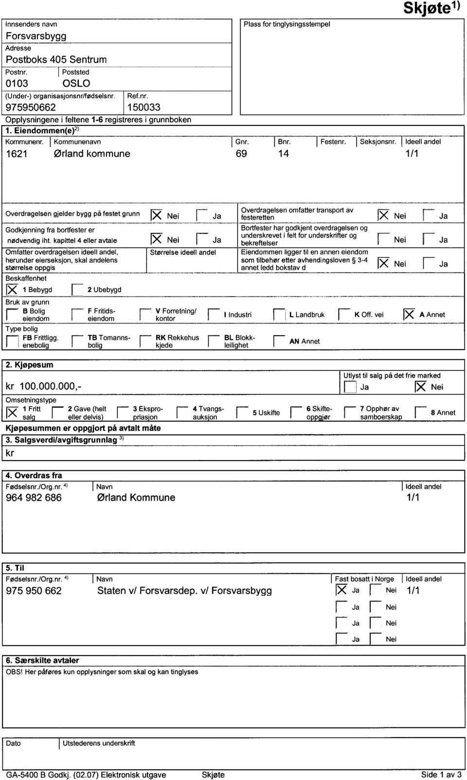 I Ideellandel 1621 Ørland kommune 69 14 1/1 Overdragelsengjelderbyggpåfestetgrunn R Nei I: Ja géfgéfigfilsenomfatter transponav l_>_<_ Nei In- Ja Godkjenningfrabortfesterer Bogtfeslier h21tr_