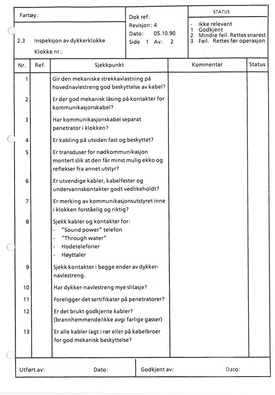 3 Har kommunikasjonskabel separat penetrator i klokken? 4 Er kabling på utsiden fast og beskyttet?