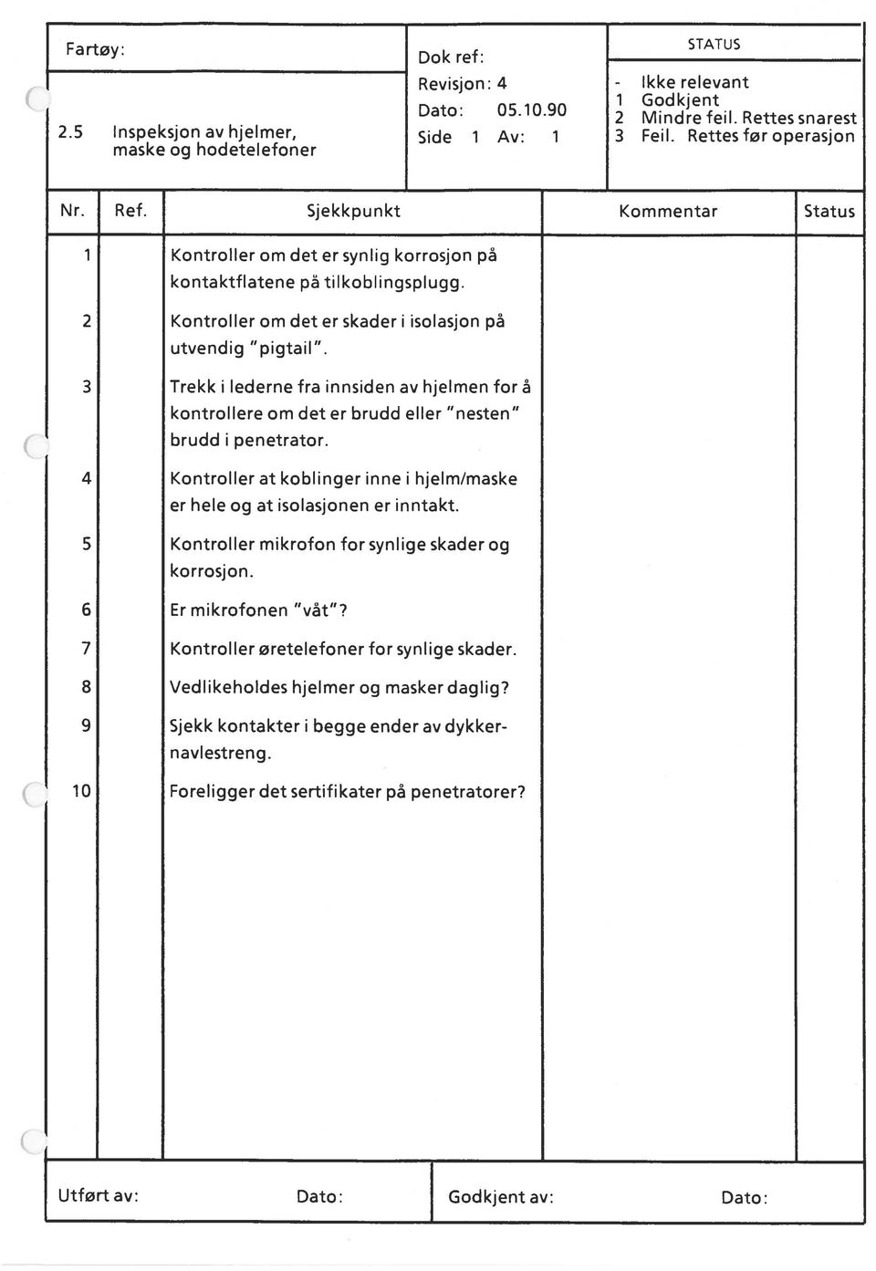 3 Trekk i lederne fra innsiden av hjelmen for å kontrollere om det er brudd eller nesten brudd i penetrator. 4 Kontroller at koblinger inne i hjelm/maske er hele og at isolasjonen er inntakt.