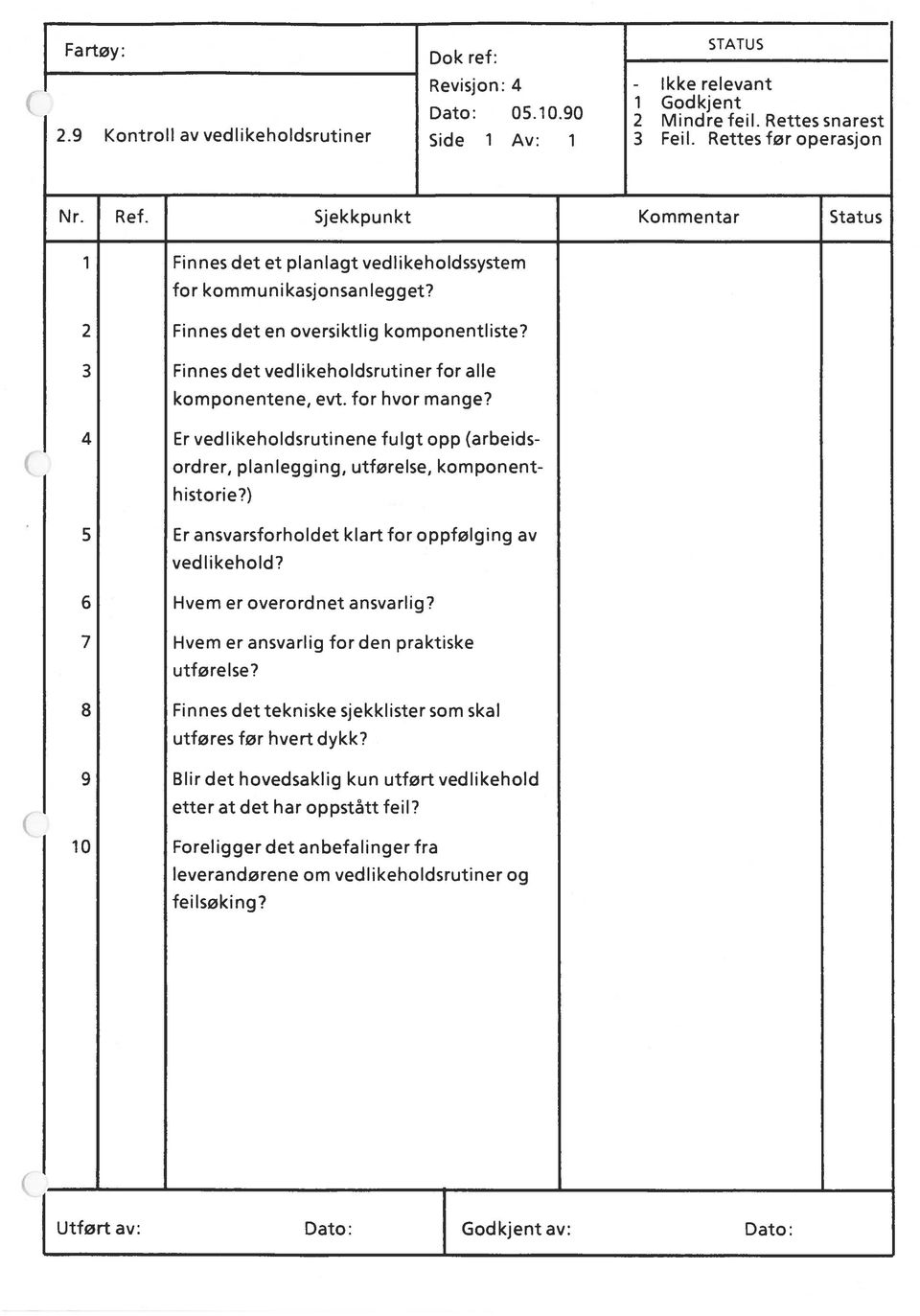 for hvor mange? 4 Er vedlikeholdsrutinene fulgt opp (arbeids ordrer, planlegging, utførelse, komponent historie?) 5 Er ansvarsforholdet klart for oppfølging av vedlikehold?